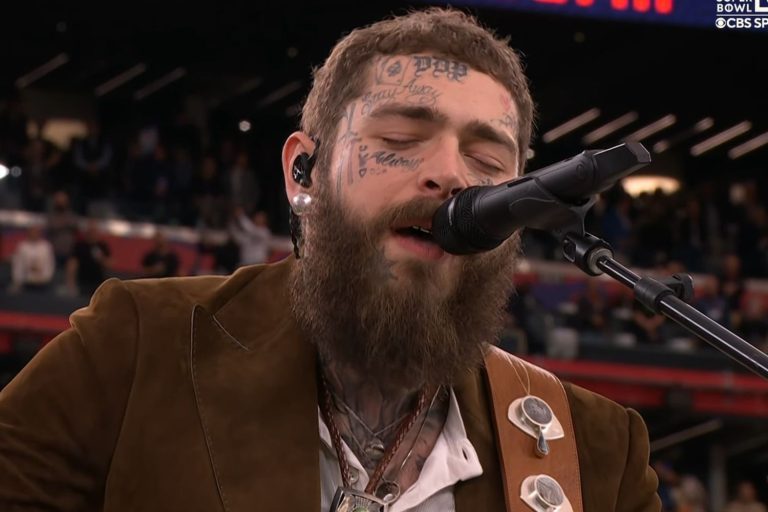 Post Malone delivers soulful 'America the Beautiful' rendition at Super Bowl 2024, Taylor Swift and Blake Lively sway in appreciation.