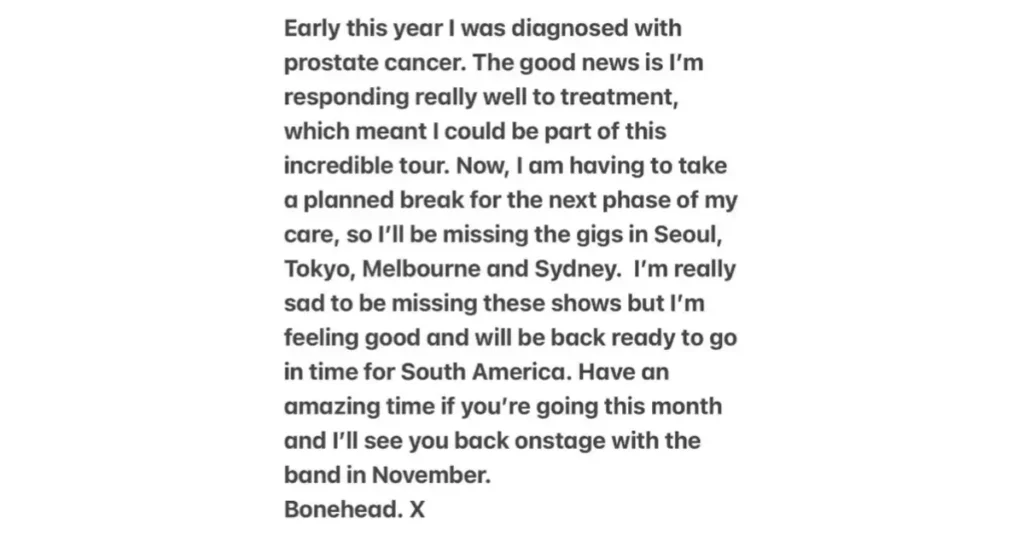 Oasis guitarist Paul “Bonehead” Arthurs Instagram Post.