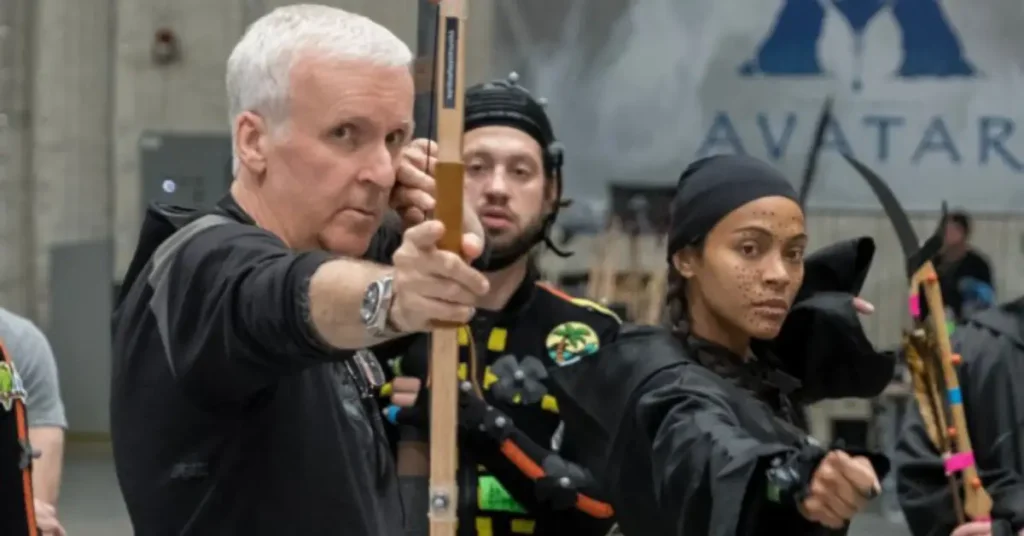 Director James Cameron and Zoe Saldana on the set of 20th Century Studios' ‘Avatar: Fire And Ash.’
