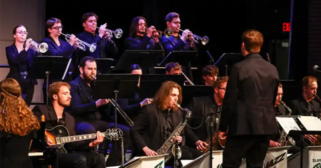 Members of the SRU Jazz Ensemble, director by Jason Kush (foreground), will perform a concert, Oct. 18.