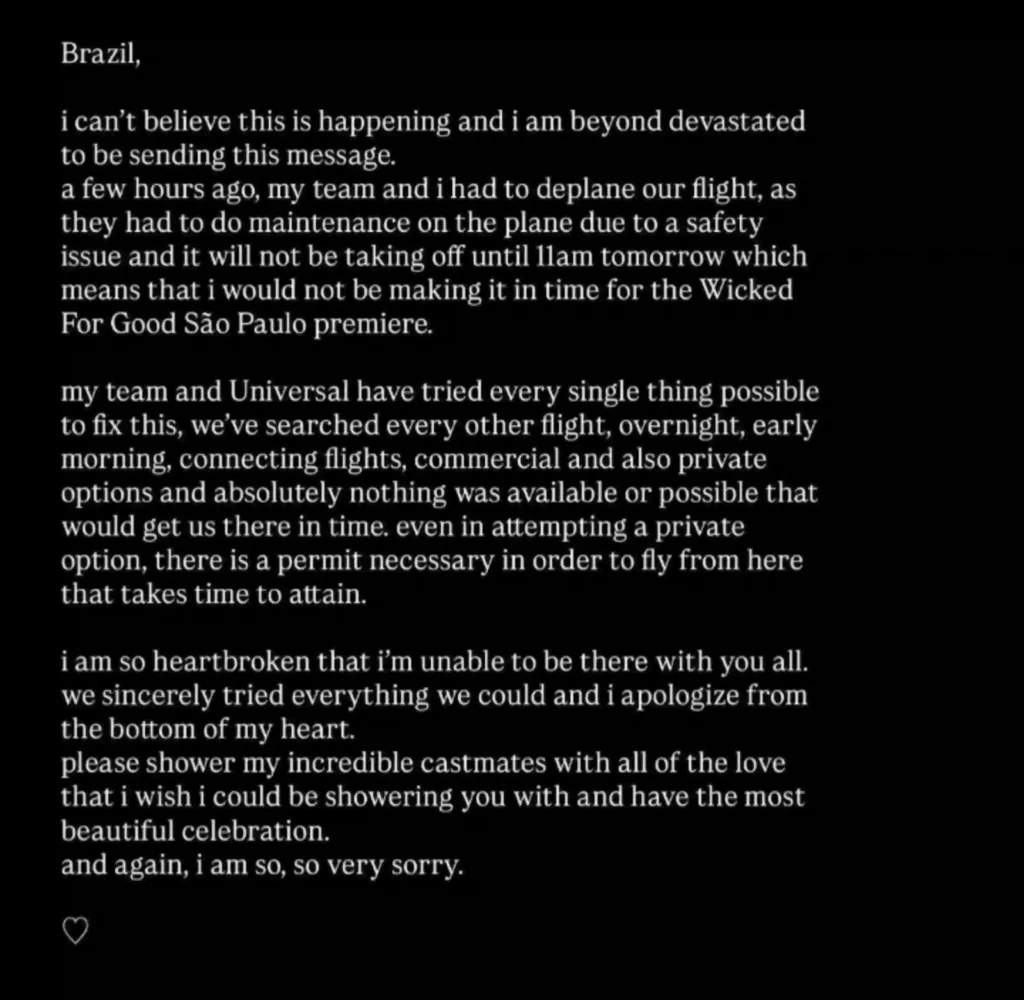 Ariana Grande misses the ‘Wicked: For Good’ Brazil premiere.