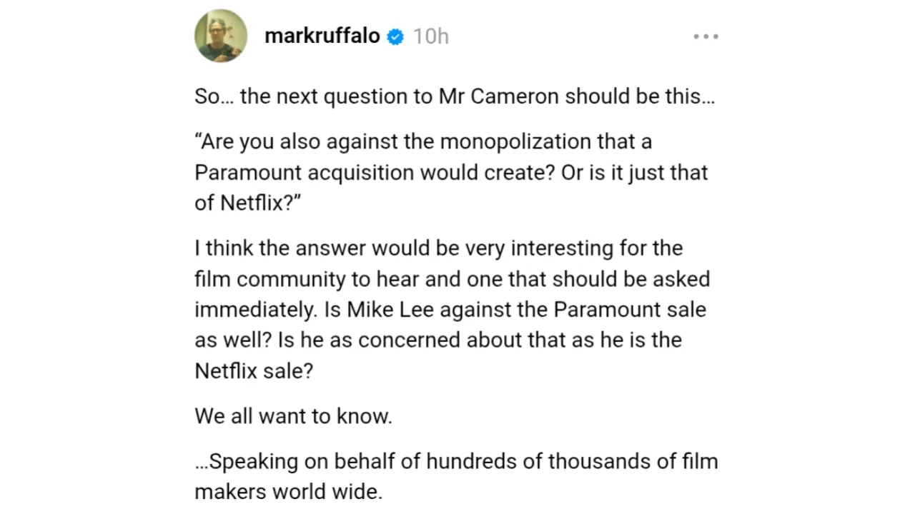 Mark Ruffalo Speaks Out as James Cameron and Netflix Clash Over Warner Bros. Future