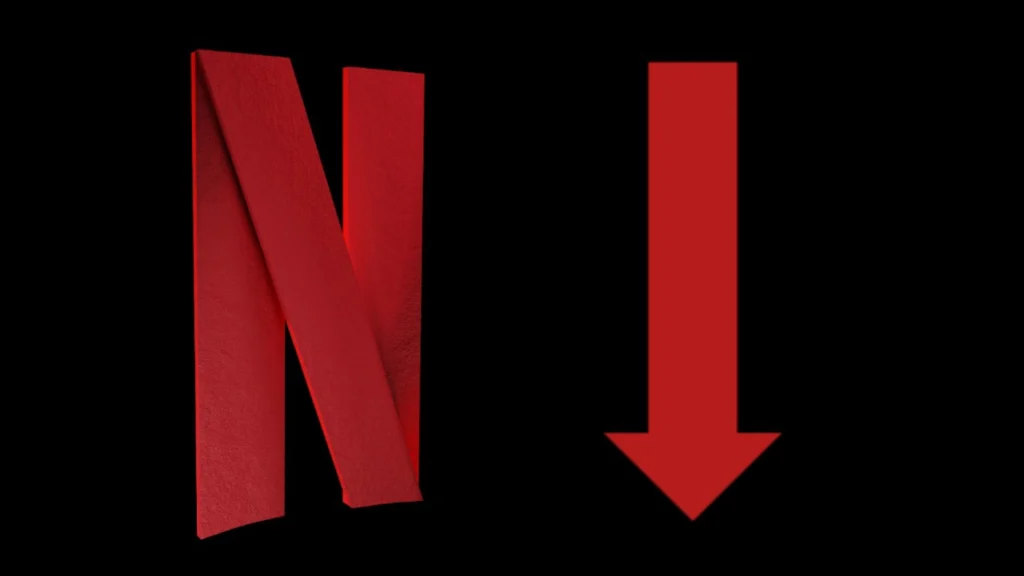 Netflix logo with red down arrow showing viewership decline for Nielsen report.