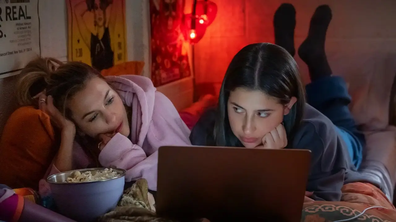 Chloe East as Celeste and Sadie Sandler as Devon in Roommates.