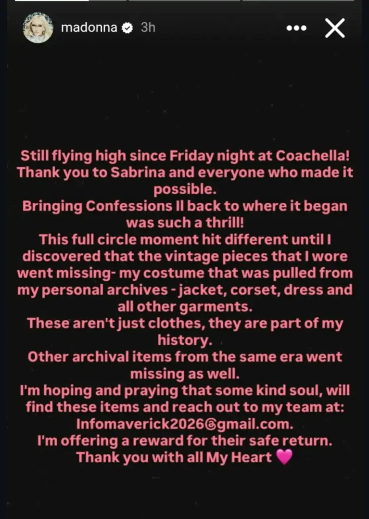 Madonna's Coachella Costumes Go Missing: "These Aren't Just Clothes, They Are Part of My History"